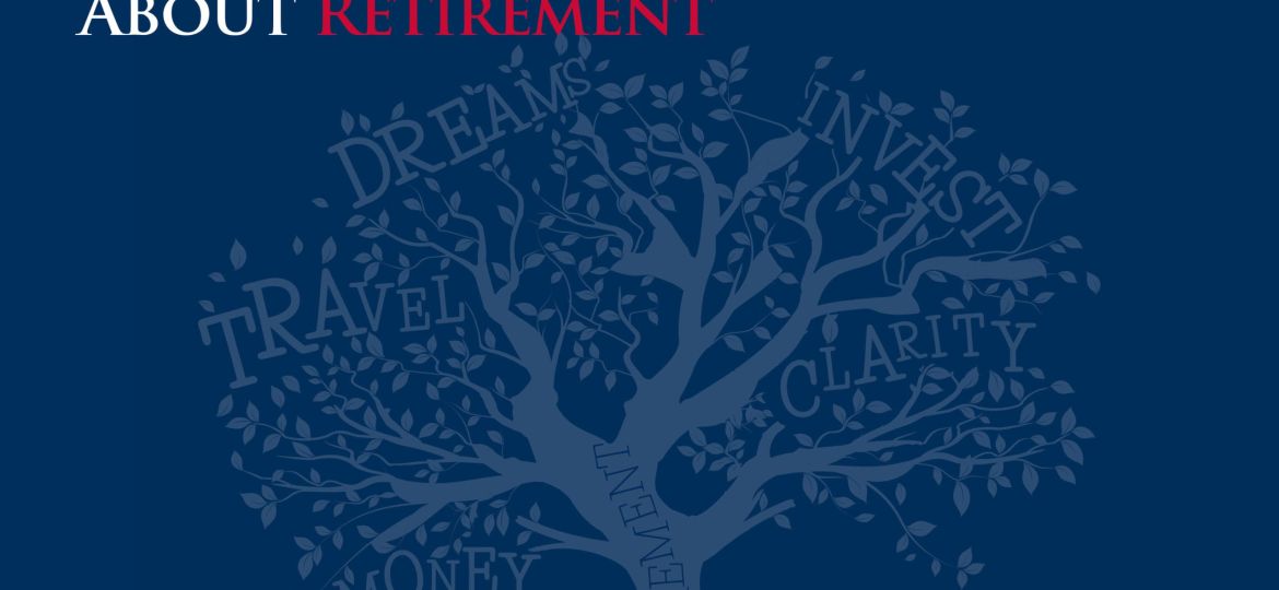 An illustration of a tree on a blue background with the caption 'ten things to ask yourself about retirement'